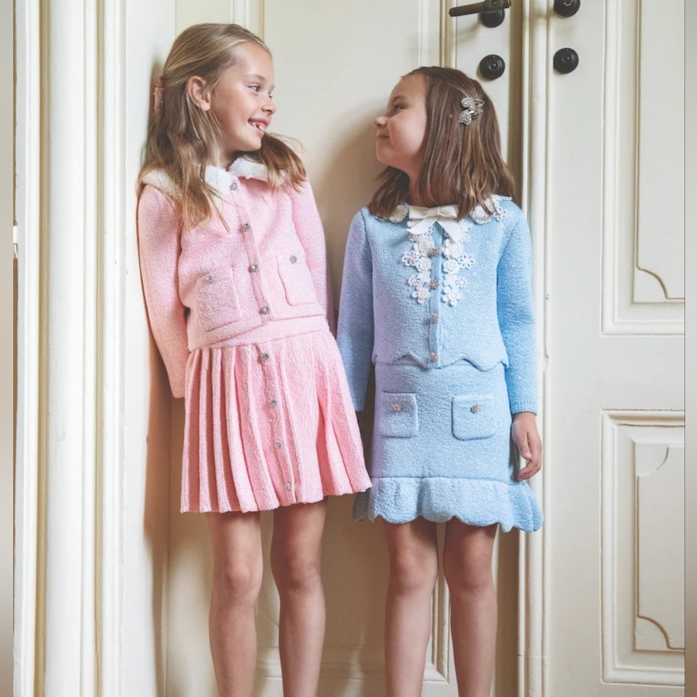 Self Portrait Girls Faux Fur Pink Embellished Jacket Pleated Skirt Set Sz 3-4